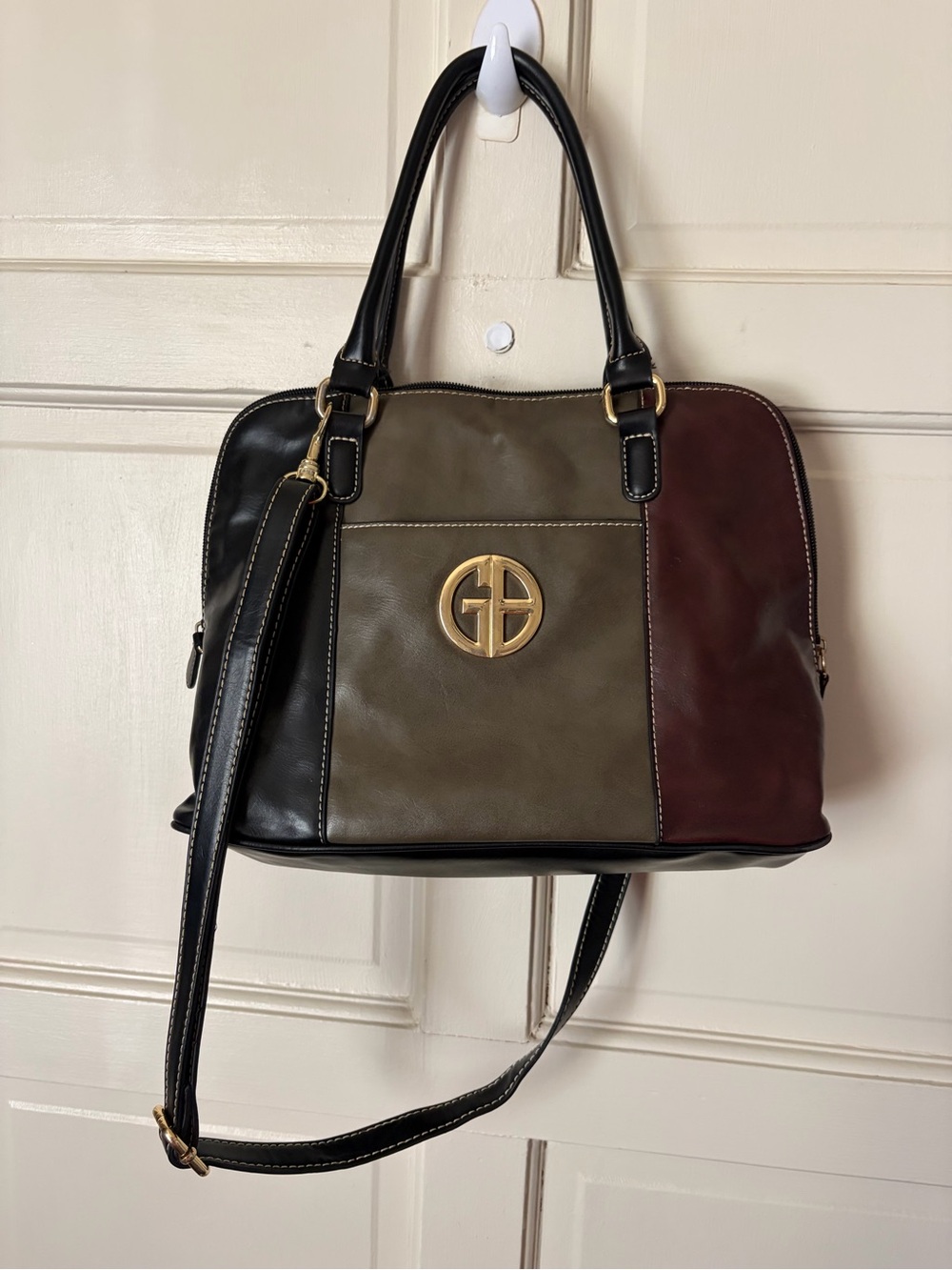 Giani Bernini Tri-Panel Leather Shoulder Bag in Black, Olive & Burgundy